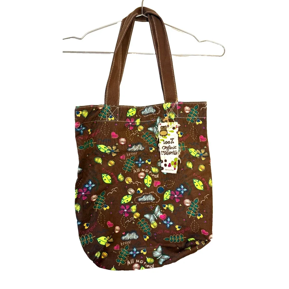 Organic Cotton Canvas Tote Bag Brown Whimsical Nature Print NWT Eco Friendly‎
